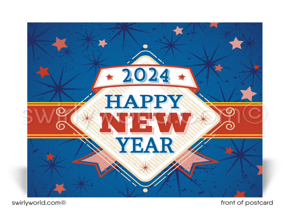 Patriotic American Red, White, Blue Happy New Year Postcards for Business