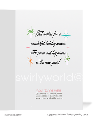 1950s-1960s Vintage Atomic Mod Lantern Holiday Card with Retro Starbursts