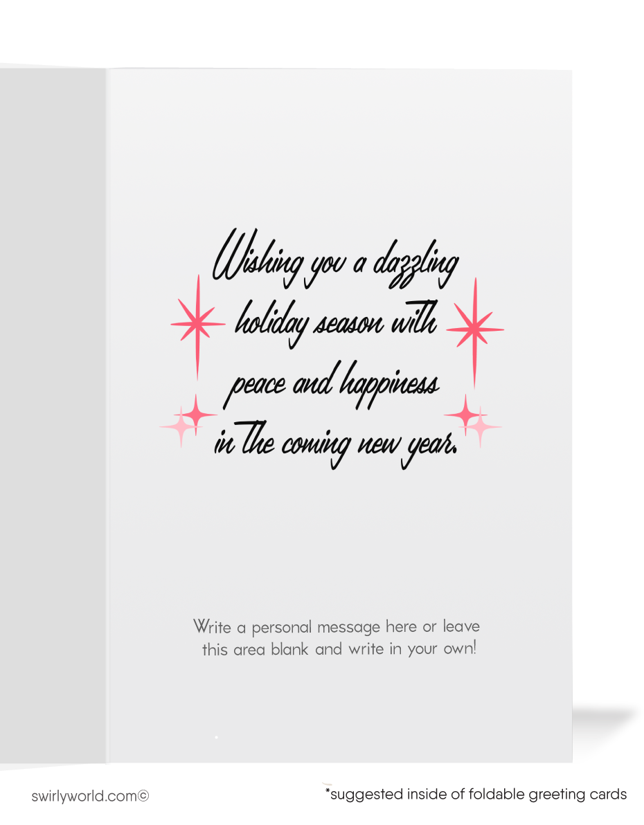 Add retro charm to the holidays with a vintage Christmas card featuring atomic pink ornaments, retro starbursts, and a 1960s mid-century modern design.