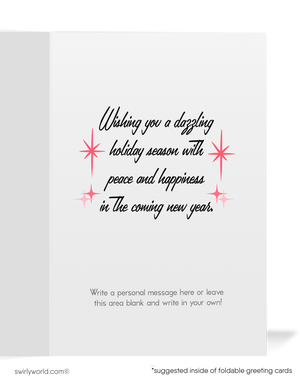 Vintage Christmas Card with Atomic Pink Ornaments, Retro Starbursts, and 1960s Mid-Century Modern Design