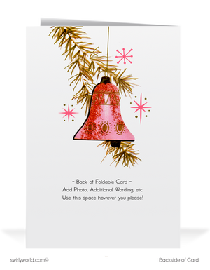 Add retro charm to the holidays with a vintage Christmas card featuring atomic pink ornaments, retro starbursts, and a 1960s mid-century modern design.