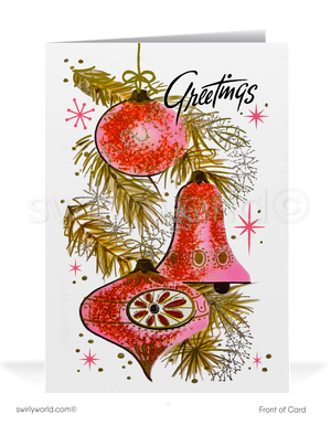 Add retro charm to the holidays with a vintage Christmas card featuring atomic pink ornaments, retro starbursts, and a 1960s mid-century modern design.