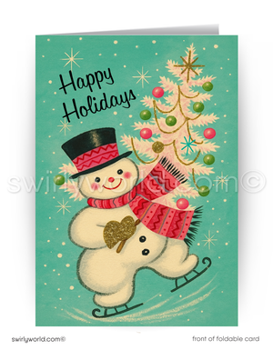 vintage mid-century modern 1940s-1950s atomic mod snowman with white Christmas tree with powder pink and blue ornaments and starbursts
