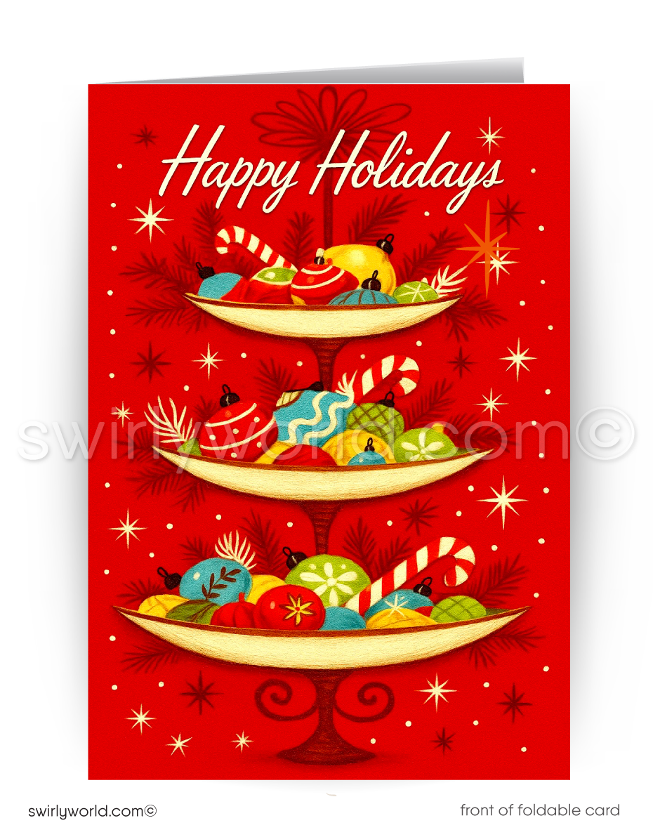 Holiday card with a three-tiered cake of colorful ornaments on a red background with 'Happy Holidays' text.