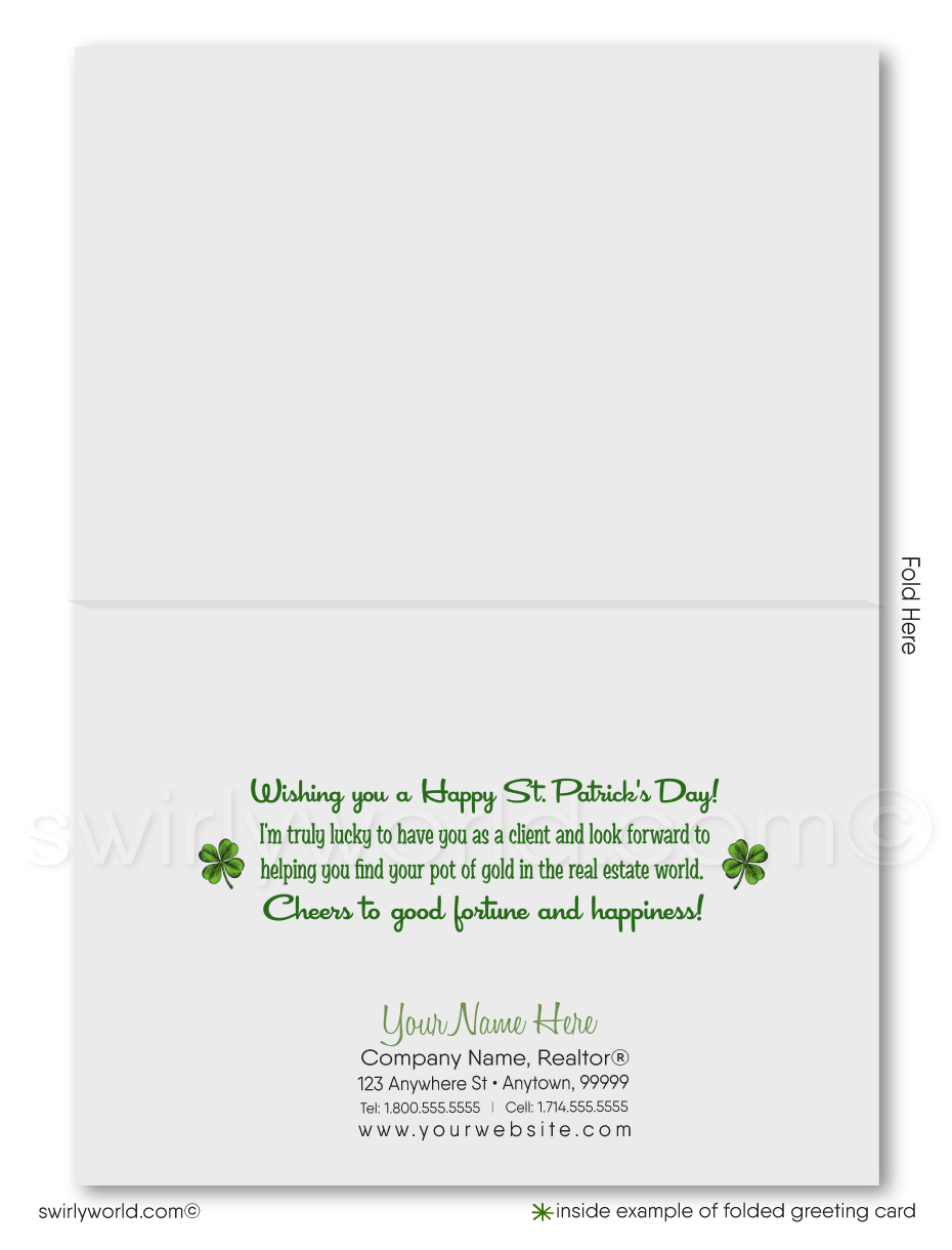 Celebrate St. Patrick’s Day with premium Realtor greeting cards featuring a mid-century modern home, lush garden, & lucky shamrocks. Perfect client appreciation!