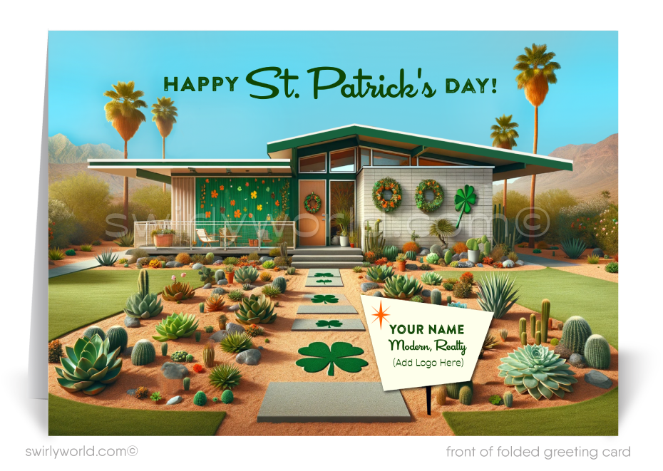 Celebrate St. Patrick’s Day with premium Realtor greeting cards featuring a mid-century modern home, lush garden, & lucky shamrocks. Perfect client appreciation!
