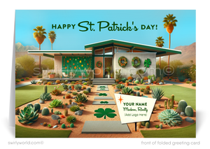 Celebrate St. Patrick’s Day with premium Realtor greeting cards featuring a mid-century modern home, lush garden, & lucky shamrocks. Perfect client appreciation!