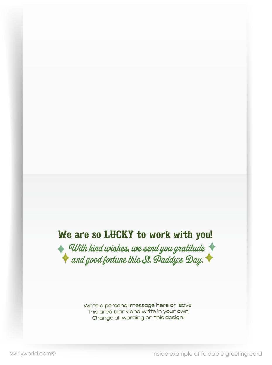 St. Patrick's Day greeting card with shamrocks and 'Happy St. Patrick's Day' text.