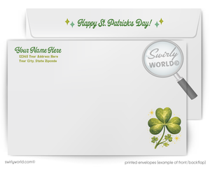 St. Patrick's Day themed printed envelope with shamrock design and Swirly World branding.