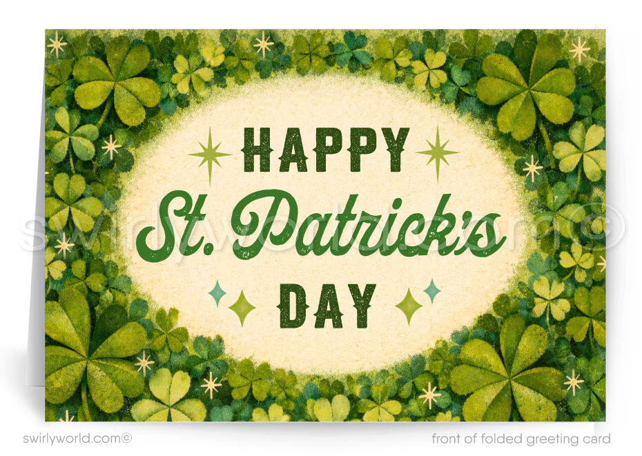 St. Patrick's Day greeting card with shamrocks and 'Happy St. Patrick's Day' text.