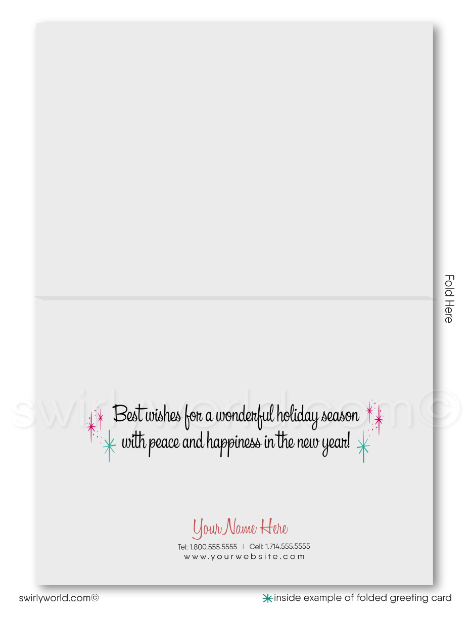 Celebrate Christmas with Swirly World's Atomic-era holiday card! Featuring retro bells, starbursts, and authentic mid-century typography, this 1950s-inspired design brings nostalgic charm to your greetings. Available as flatcards or folded styles, with custom wording and logo options. Matching envelopes included.