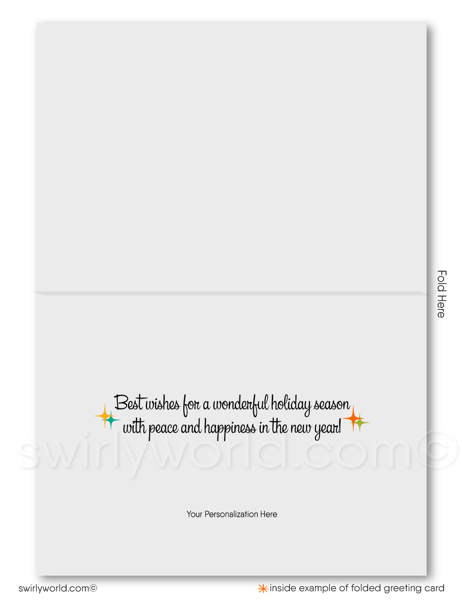 Swirly World Christmas Cards - Celebrate mid-century charm with our Retro Atomic Modern Christmas card, featuring a vibrant Eichler home with iconic MCM furniture set against a tropical desert backdrop of palm trees and succulents. Customizable and premium-quality, these cards are perfect for sharing holiday cheer with a vintage flair.