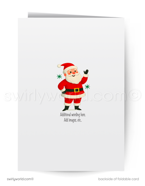 Greeting card with a cartoon Santa Claus on the backside, featuring a white background.