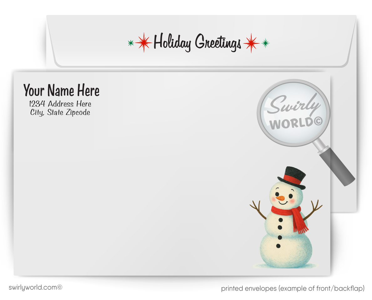 Holiday greeting card with snowman design and 'Swirly World' branding