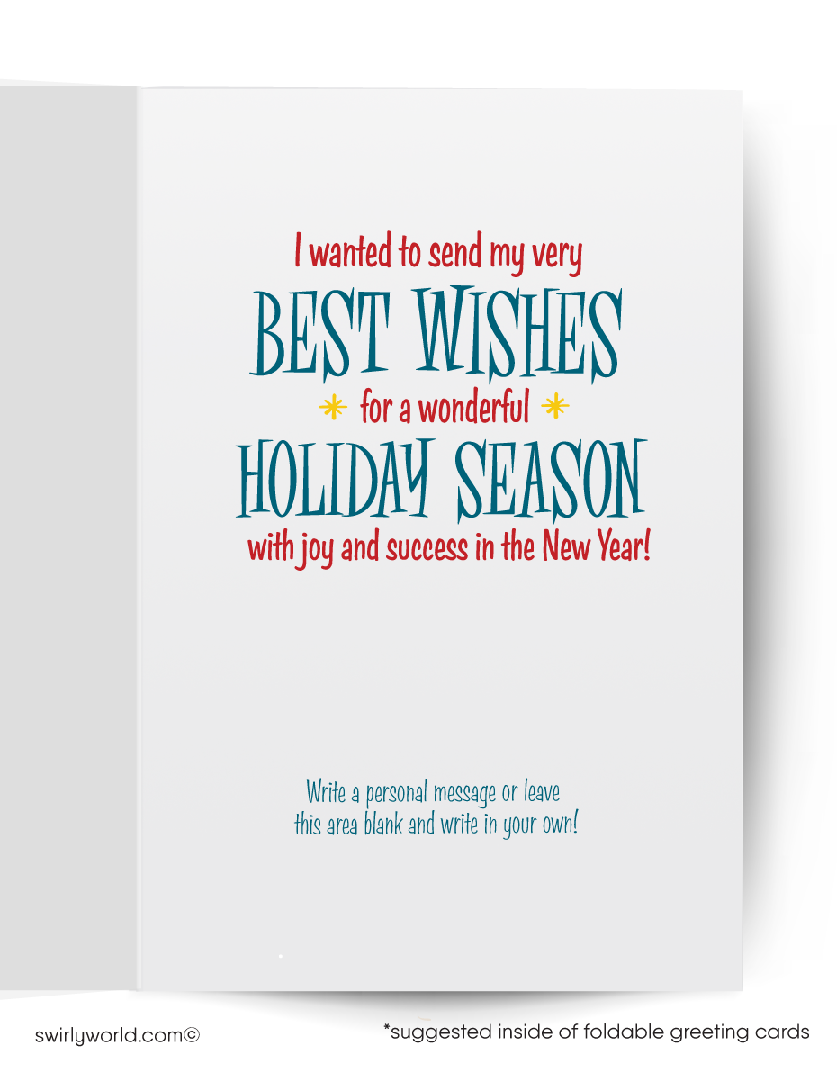 Christmas card with Santa stuck in a chimney and reindeer looking on, against a night sky.