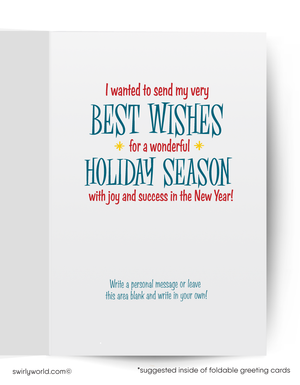 Holiday greeting card with text wishing a wonderful holiday season and New Year's wishes.