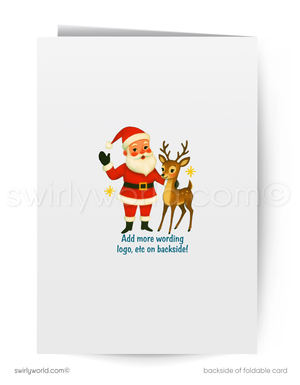 Greeting card with Santa Claus and a reindeer on a white background