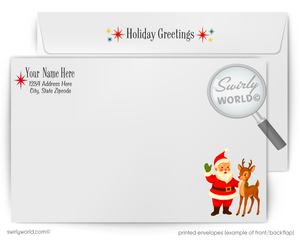 Swirly World holiday greeting card with Santa Claus and reindeer design on a white background
