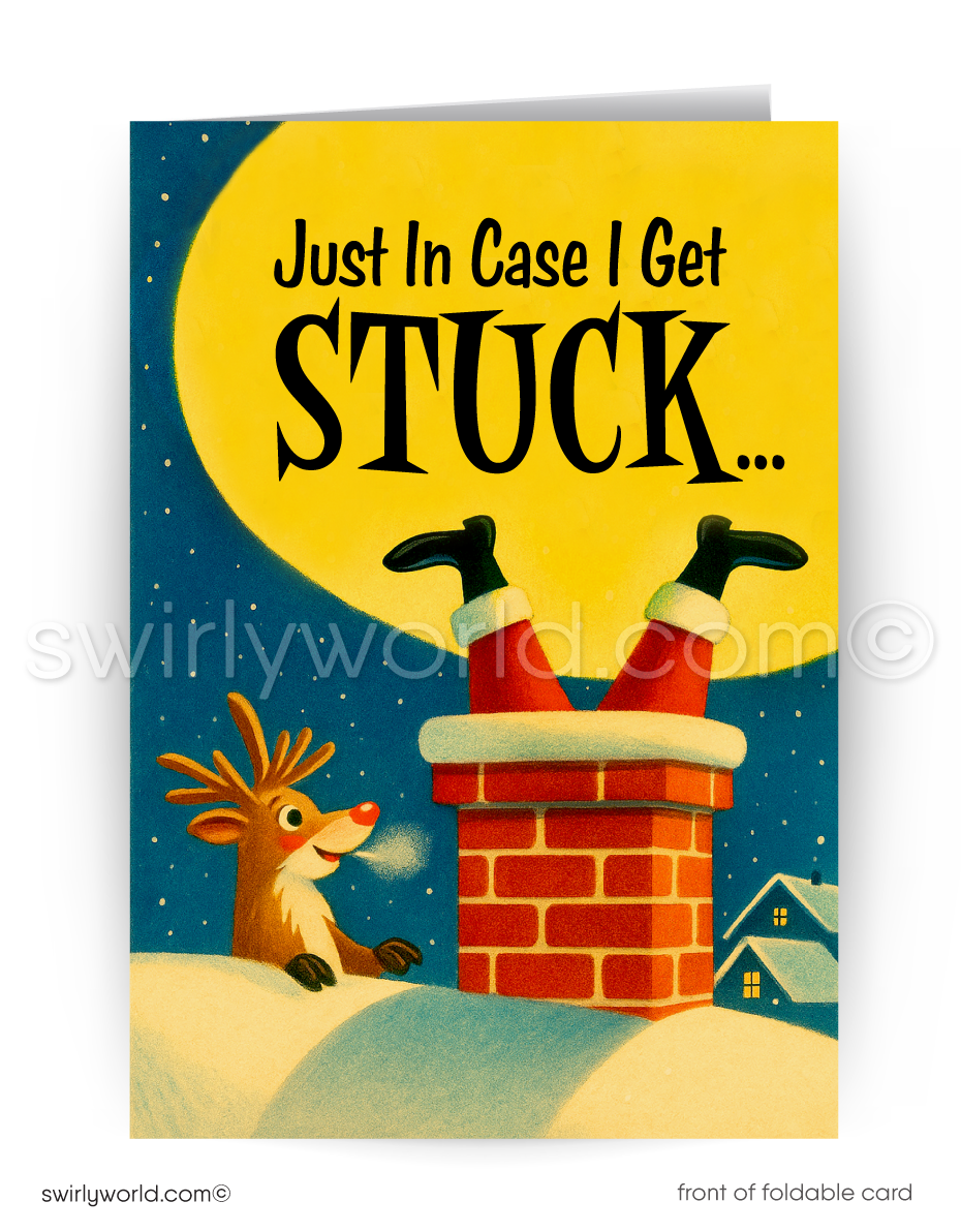 Christmas card with Santa stuck in a chimney and reindeer looking on, against a night sky.