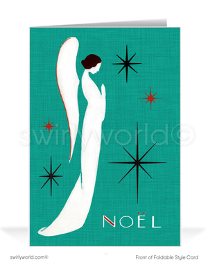 Mid-Century Mod Retro 1960s Angel with Atomic Starbursts Vintage "Noel" Christmas Card