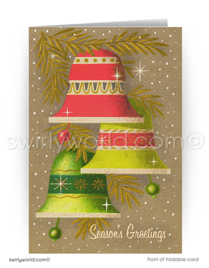 Mid Century Modern Cards – Retro Holiday Cards with Pink Bells & Starburst Ornaments