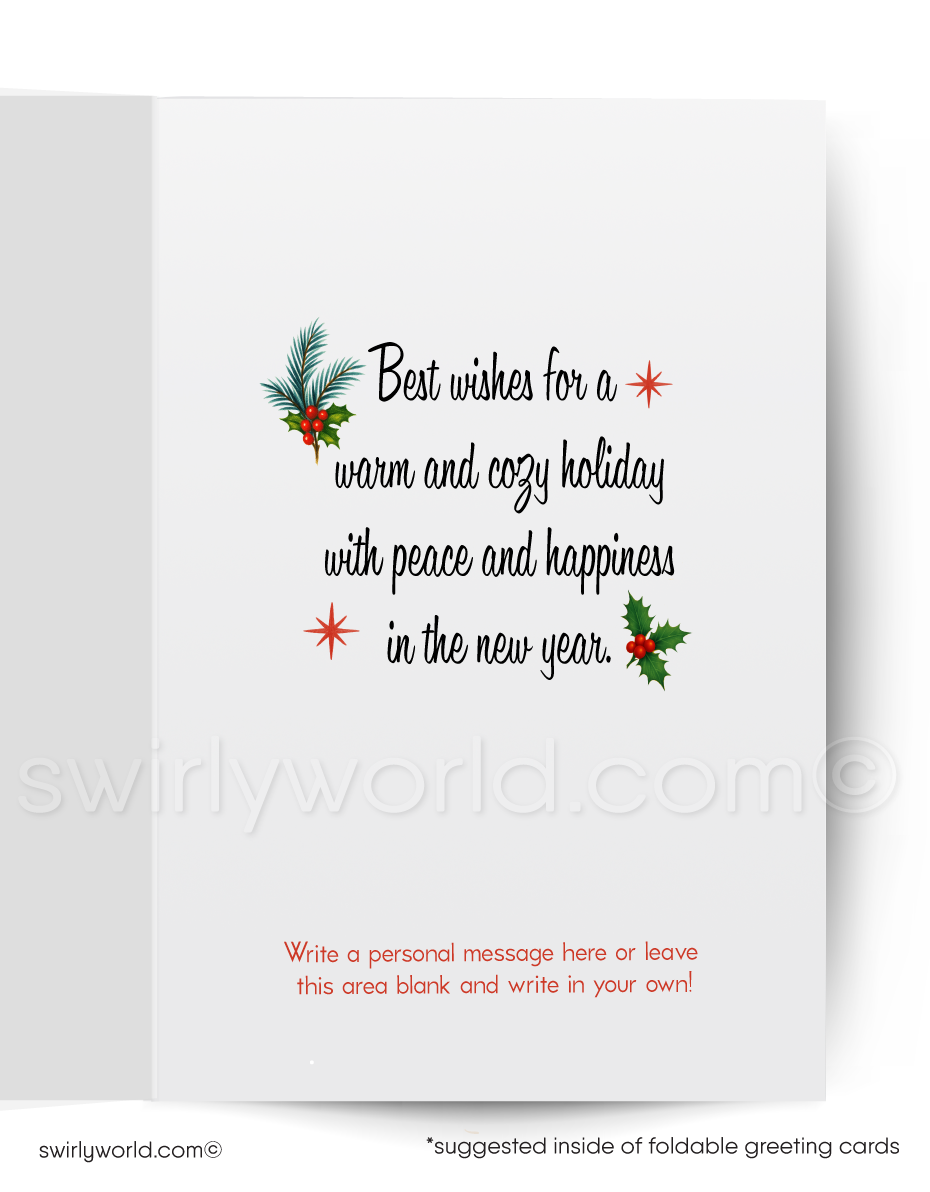 Cute white fluffy 1950s style kitten sleeping on a Santa's boot with holly. Merry Christmas cards for Cat lovers.