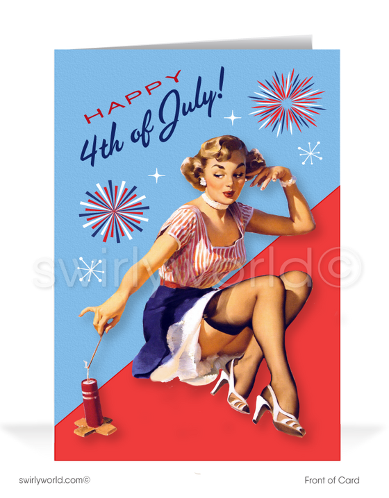 Patriotic Pin-up Girl 1950s Mid-Century Vintage Happy 4th of July Greeting Cards