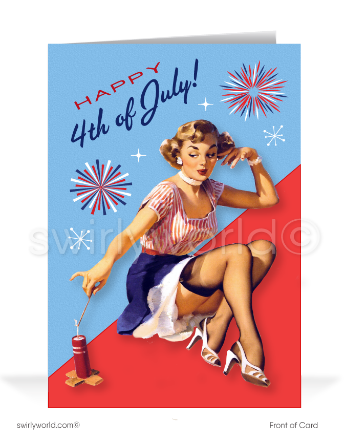 Digital Patriotic Pin-up Girl 1950s Atomic Mid-Century Vintage Happy 4th of July Cards