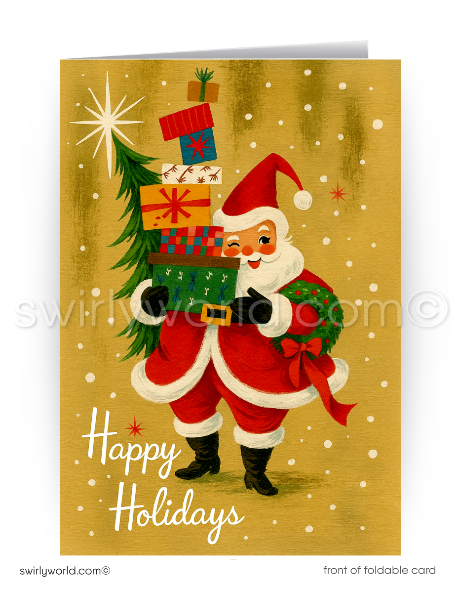 Cute mid-century modern Santa Claus holding a Christmas tree and gift packages with a snowy background.