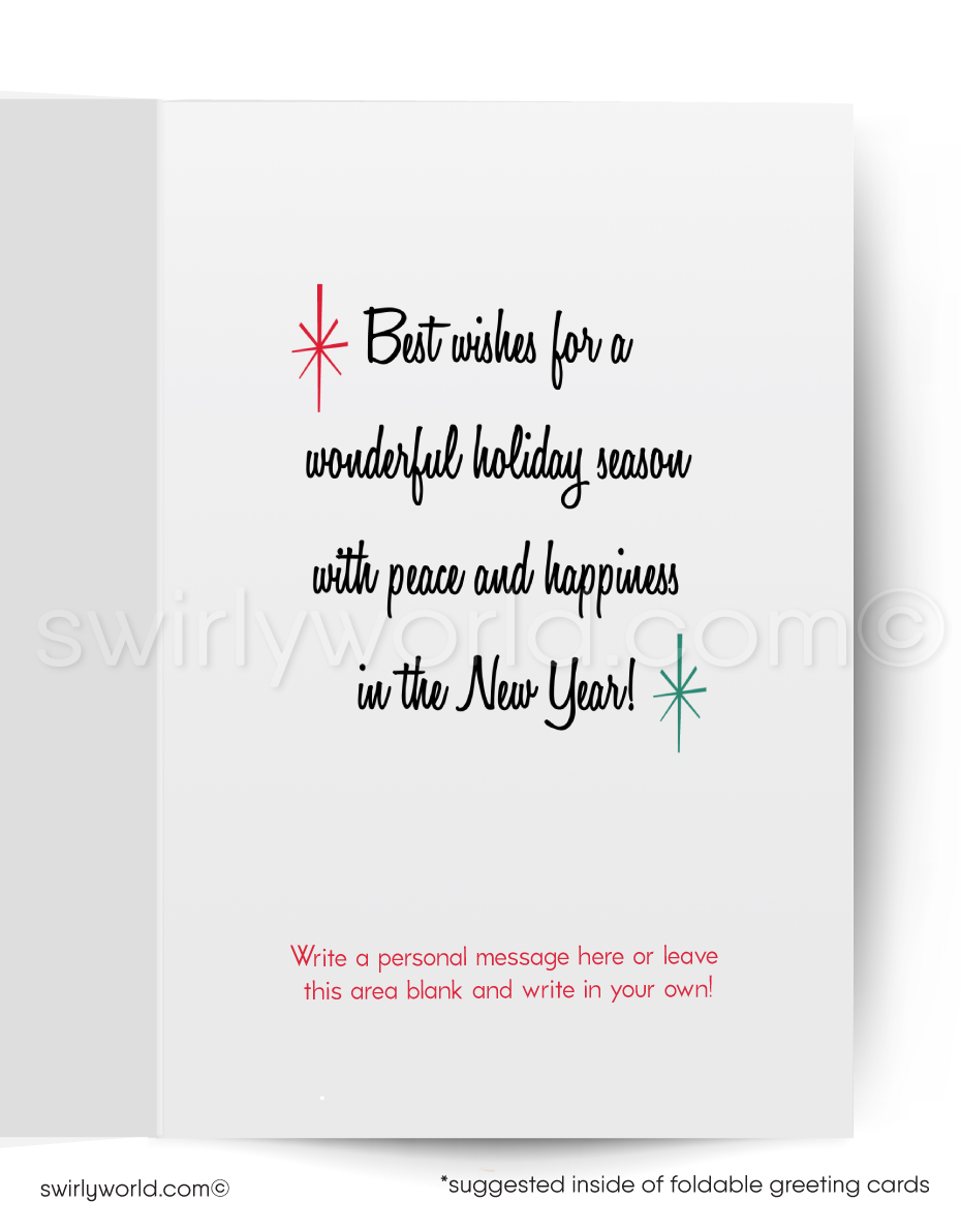 Mid-century modern vintage Santa Claus with Reindeers on sleigh. Happy Christmas holiday greeting cards.