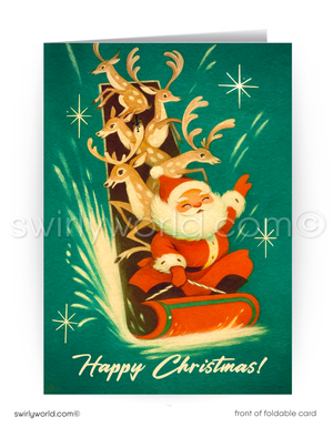 Mid-century modern vintage Santa Claus with Reindeers on sleigh. Happy Christmas holiday greeting cards.