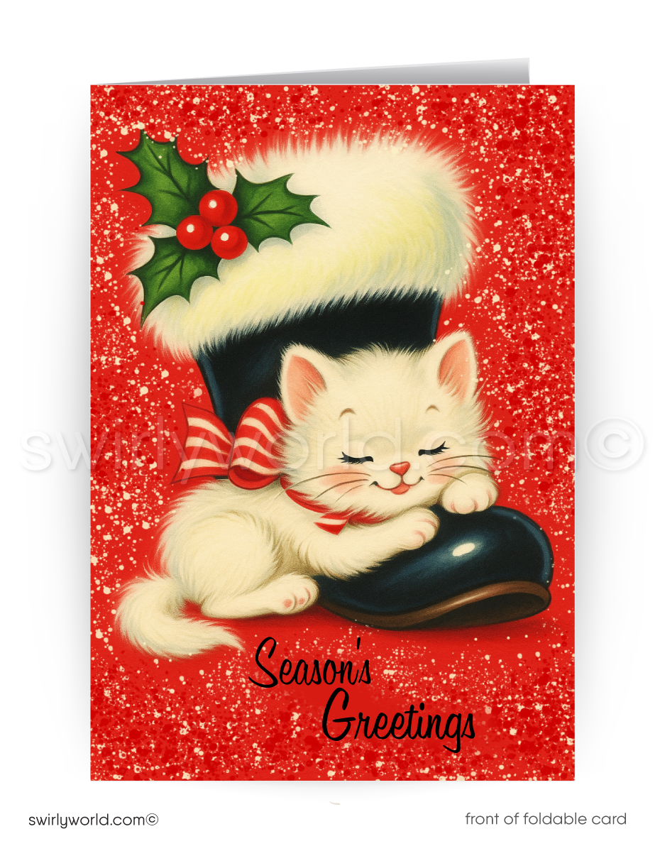 Cute white fluffy 1950s style kitten sleeping on a Santa's boot with holly. Merry Christmas cards for Cat lovers.