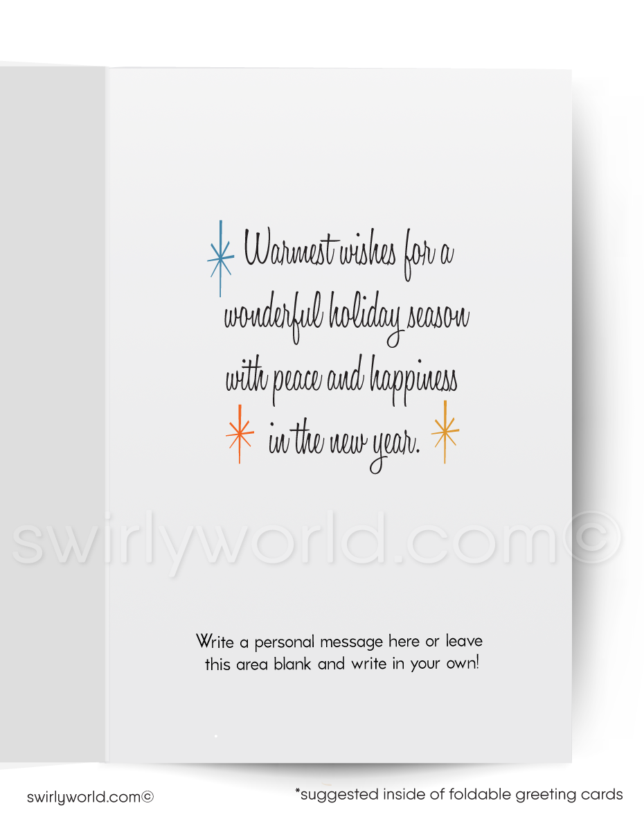 A beautiful Christmas morning scene of a large white tree with ornaments standing tall in a forest near a log cabin.