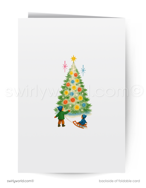 Mid-Century Modern Christmas Cards – Vintage Rustic 1960s White Tree Holiday Greetings