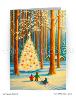 A beautiful Christmas morning scene of a large white tree with ornaments standing tall in a forest near a log cabin.