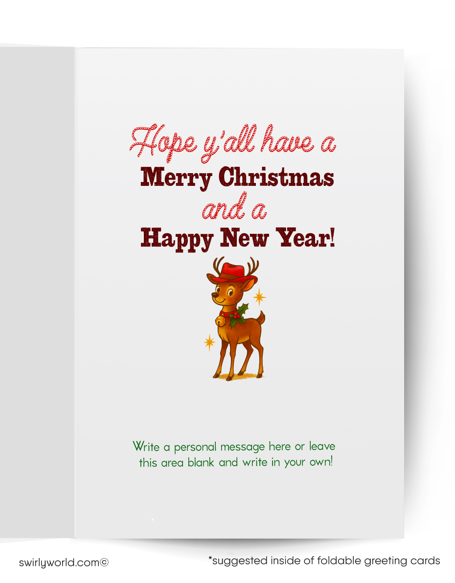 Vintage-style holiday card with Santa playing guitar to a reindeer, set against a town backdrop.