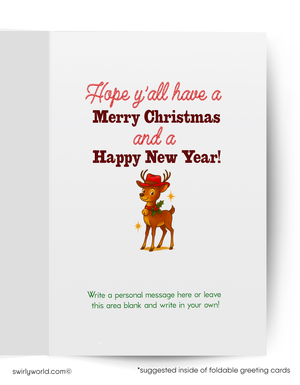 Christmas card with a reindeer wearing a cowboy hat and text on a white background