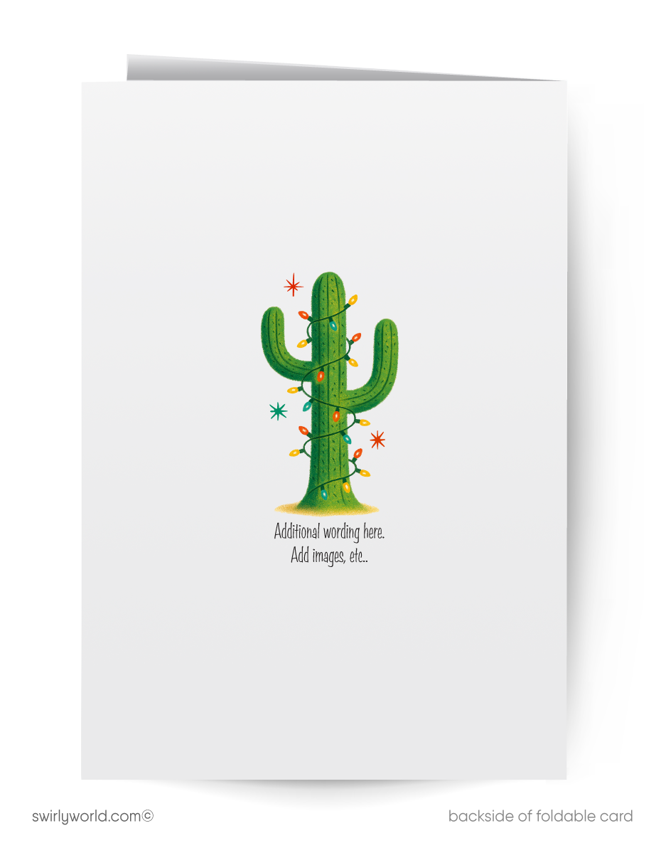 Greeting card with a cactus decorated with Christmas lights on a white background