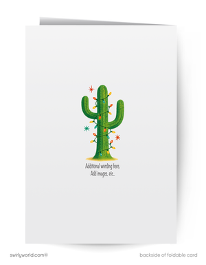 Greeting card with a cactus decorated with Christmas lights on a white background