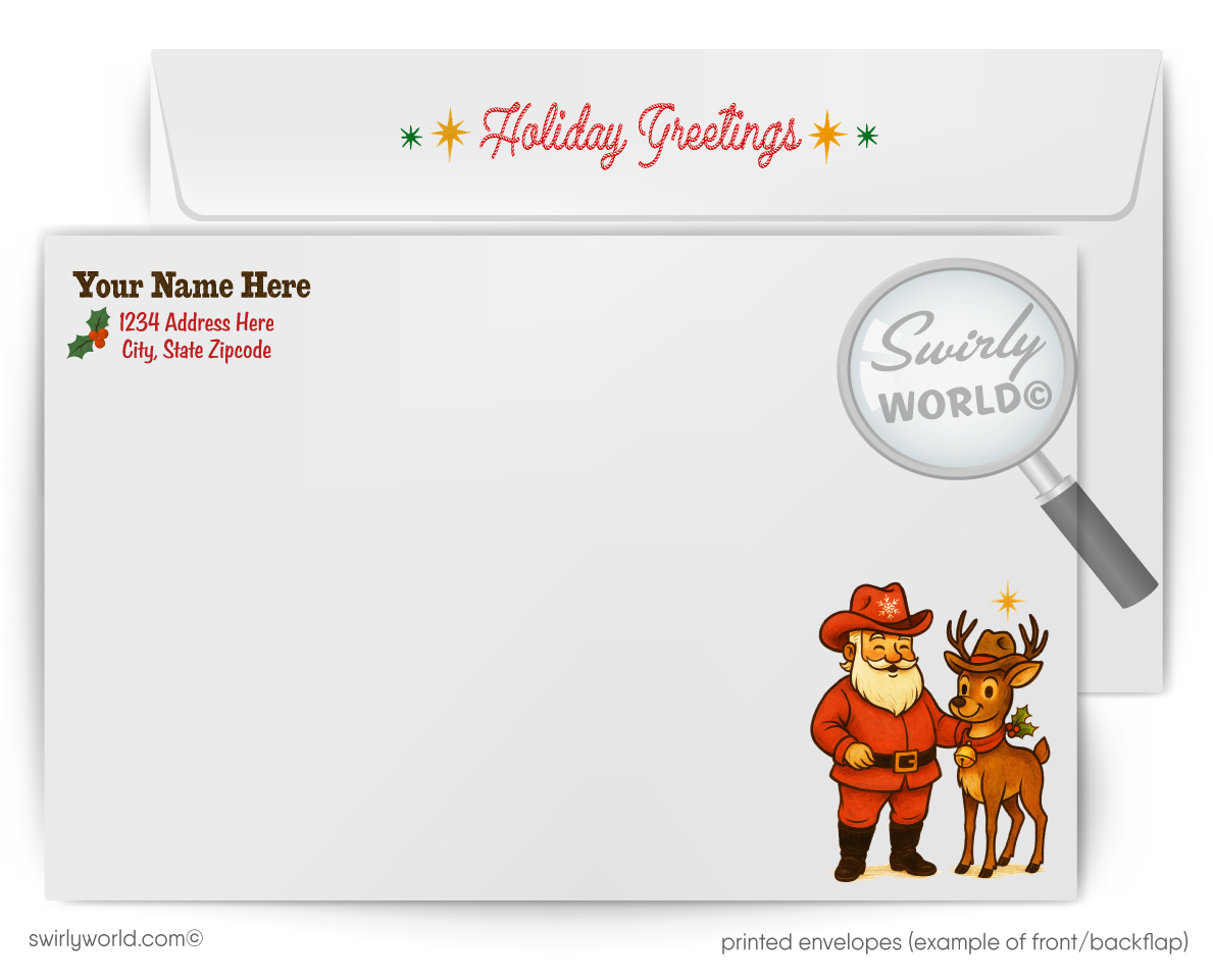 Christmas-themed letterhead with Santa Claus and reindeer, featuring Swirly World branding.