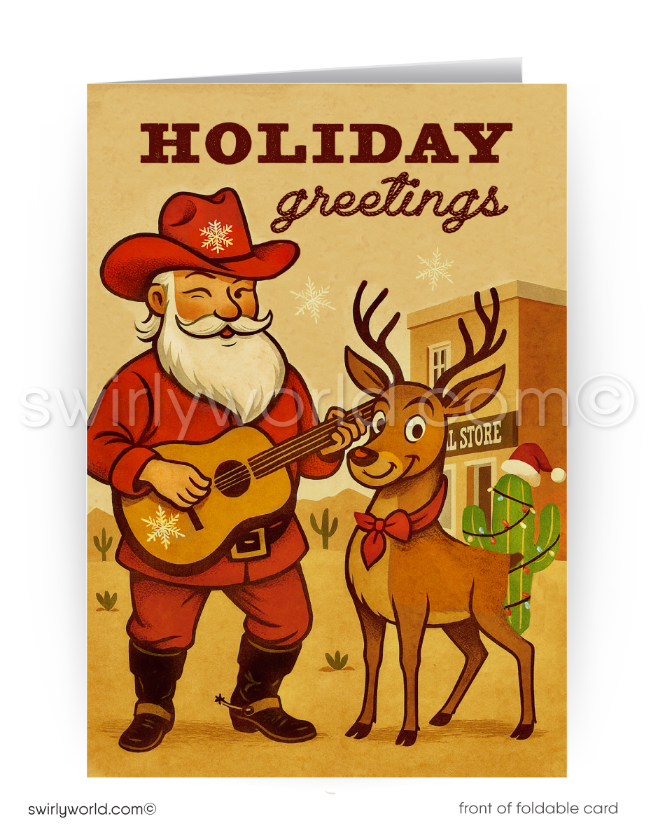Vintage-style holiday card with Santa playing guitar to a reindeer, set against a town backdrop.
