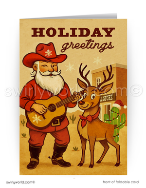 Vintage-style holiday card with Santa playing guitar to a reindeer, set against a town backdrop.