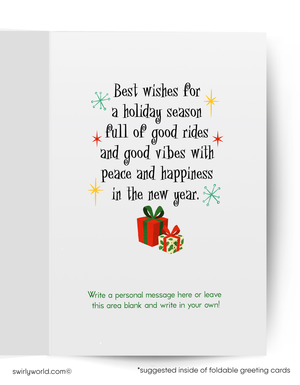 Holiday greeting card with text and gift illustrations on a white background