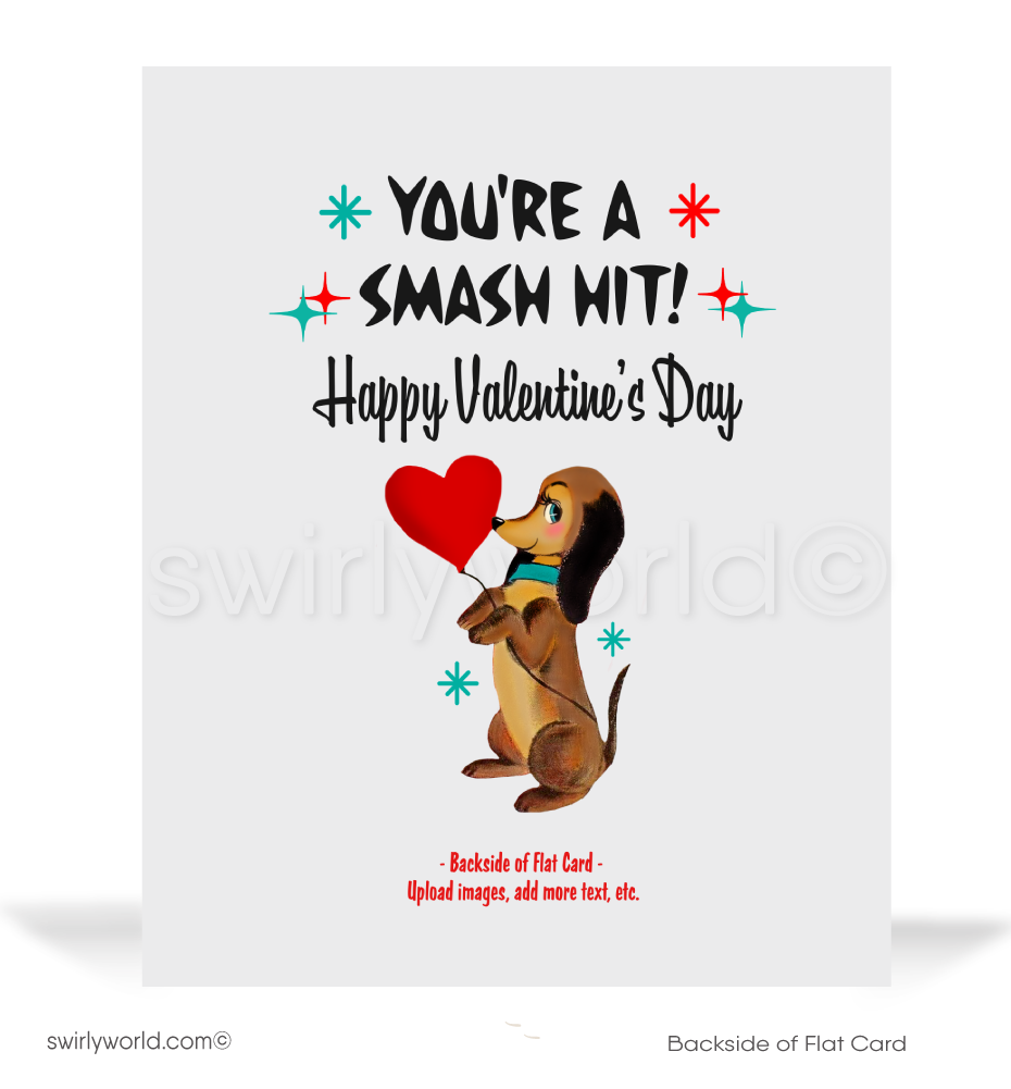 Vintage 1950s-Inspired Valentine’s Day Card with Retro Couple, Vinyl Records, and Atomic Starbursts – "For the Record... You’re a Smash Hit!"