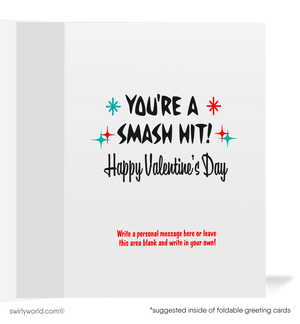Vintage 1950s-Inspired Valentine’s Day Card with Retro Couple, Vinyl Records, and Atomic Starbursts – "For the Record... You’re a Smash Hit!"
