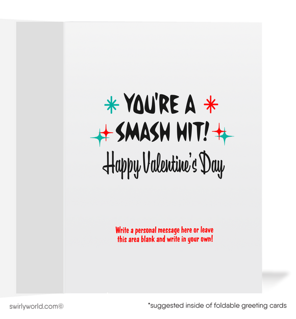 Celebrate Valentine’s Day with vintage charm! Our 1950s-inspired card features a retro couple with vinyl records, atomic starbursts, and the playful message, "For the Record... You're a Smash Hit!"