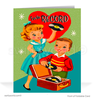 Celebrate Valentine’s Day with vintage charm! Our 1950s-inspired card features a retro couple with vinyl records, atomic starbursts, and the playful message, "For the Record... You're a Smash Hit!"