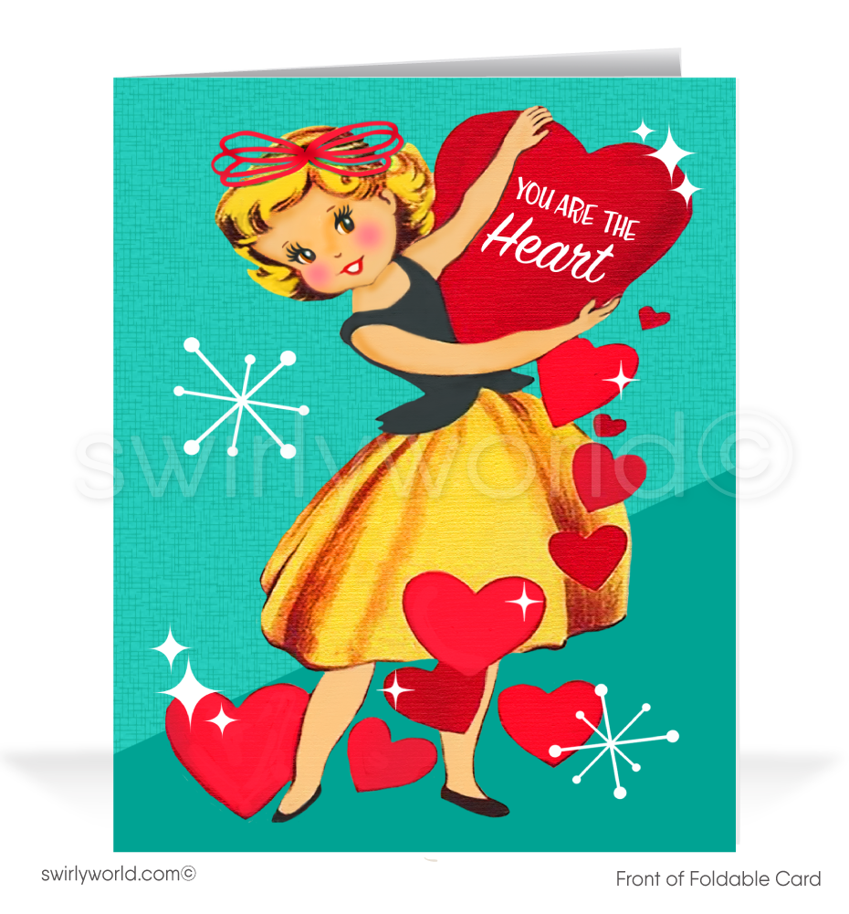 Send vintage Valentine’s Day charm! This 1950s-inspired card features a kitschy girl with a heart, aqua blue backdrop, and atomic starbursts for a nostalgic touch.