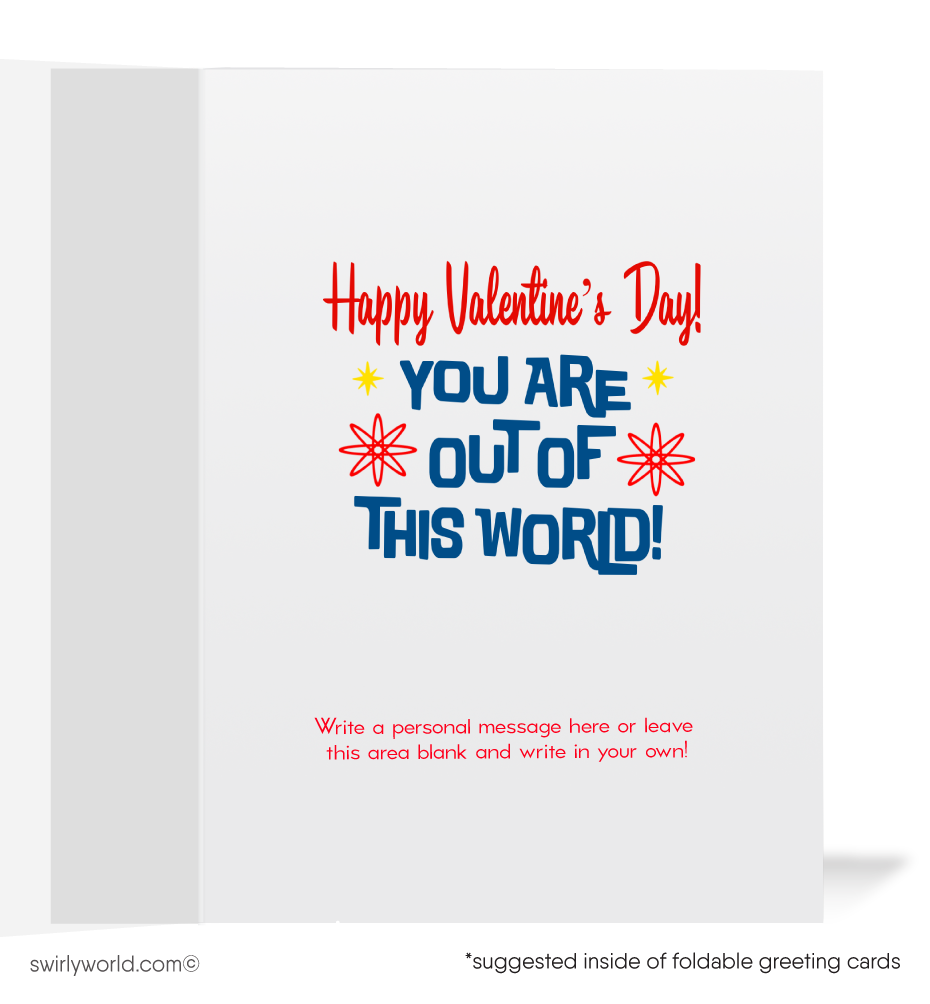 xCelebrate Valentine’s Day with retro charm! Our 1950s-inspired card features an astronaut clutching a rocket in a whimsical atomic-style outer space design.