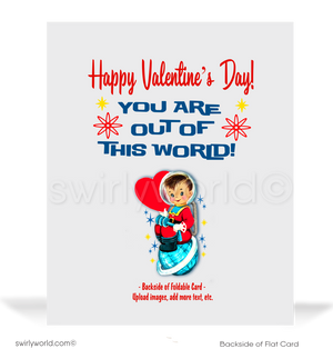 Charming 1940s-1950s Vintage-Inspired Valentine's Day Cards: Outer-space Astronaut with Rocket